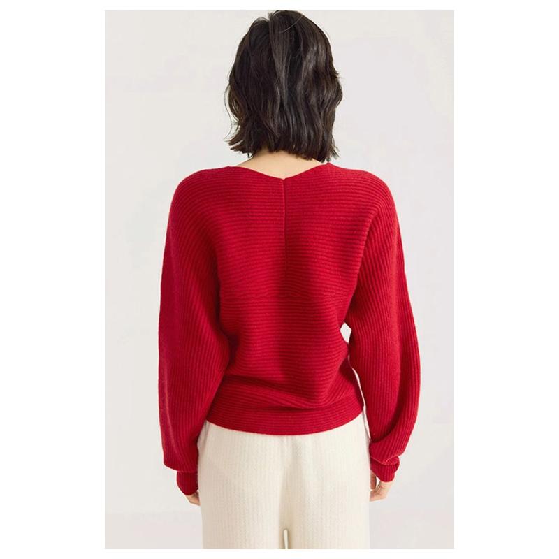 Cross V-neck Lantern Sleeve Knitted Sweater for Women Spring and Autumn New Red Inner Bottoming Lazy Top