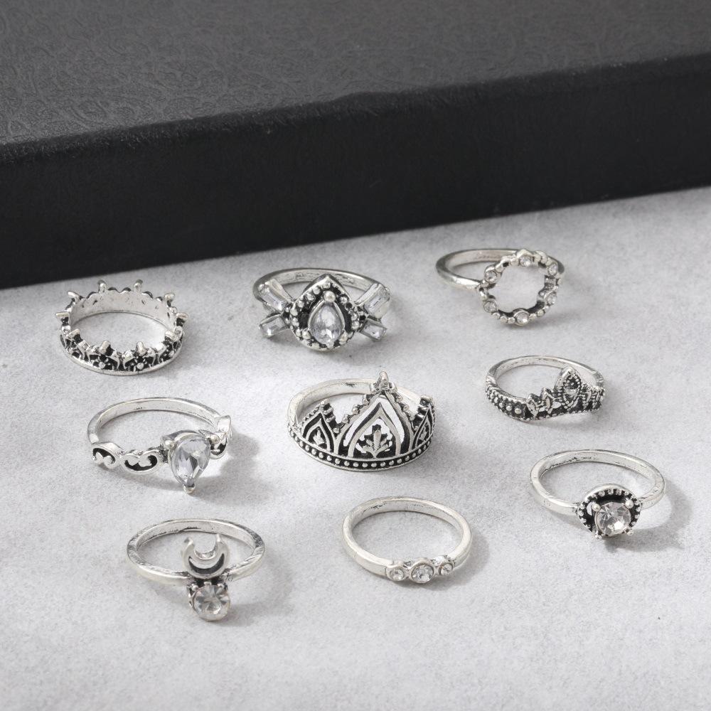Bohemian 9-Piece Set With Diamond Crescent Crown Combination Ring