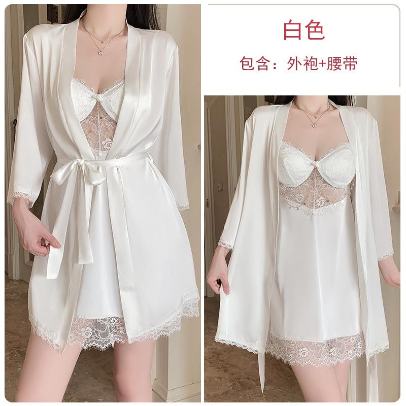 Women's Satin Lace Sheer Padded Sleep Dress with Robe Lounge Set