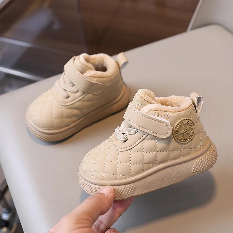 

Baby Winter Soft Soled Snow Boots Boys Cotton Shoes Girls Antiskid Keep Warm Add Velvet Neutral Velcro Round Toe Solid Color 26in16CM хаки