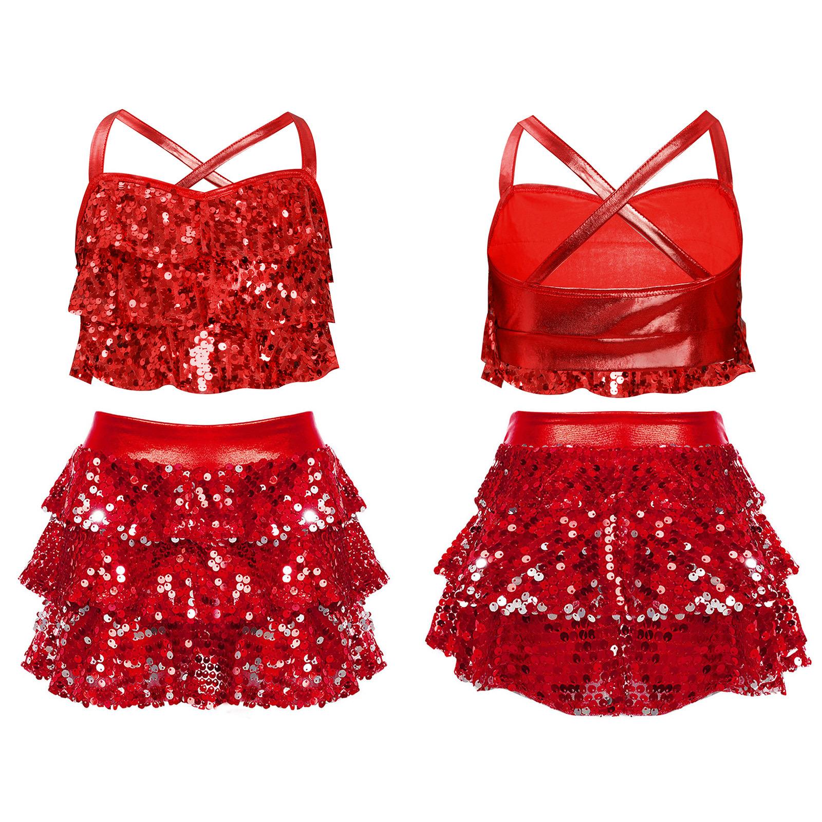 

Костюм для джазового танца с пайетками для девочки, блестящий металлический кроп-топ с многоярусным комбинезоном-юбкой, школьный костюм для баскетбольной группы поддержки 5-6 Years красный