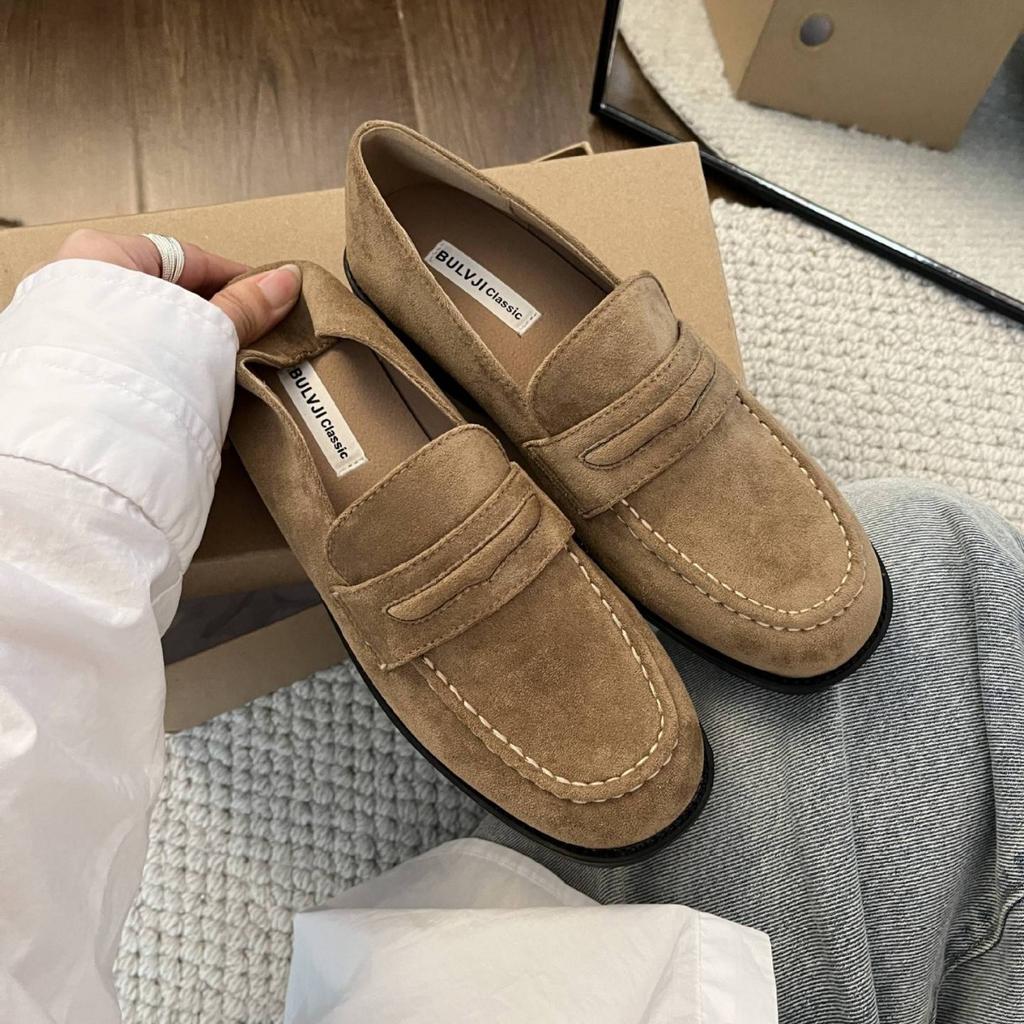 2025 autumn new fashion round head suede thick heel soft leather foot cover versatile soft leather women's small leather shoes