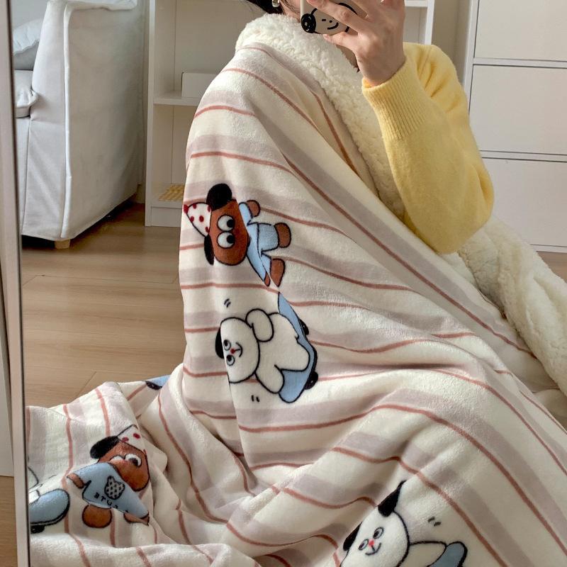 Double-Layer Cartoon Puppy Fleece Blanket Thick Warm Faux Lambs Wool Throw Blankets for Sofa Bed Autumn Winter Soft Plush Plaid