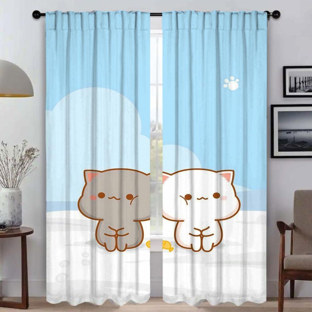 Zasłony Kuchenne 2 Sztuki Brzoskwiniowy Kot Mochi Zasłona do Salonu Tiul do Sypialni Dekoracja Halloween Zasłony do Wnętrza Domu