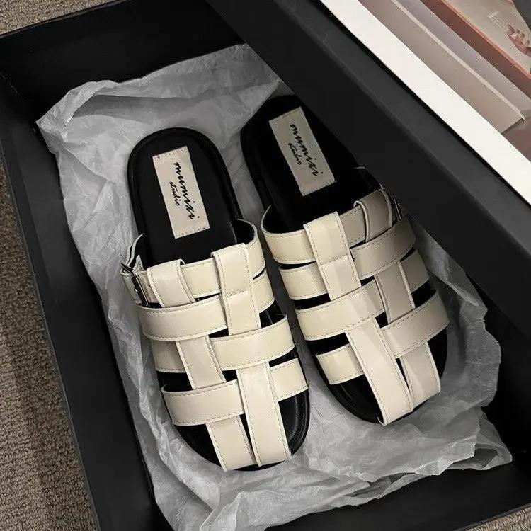 Office Slippers, Women Wear A Slip-on Summer 2024 New Baotou Black, Silver Woven Semi-drag Casual Sandals, Women's Shoes