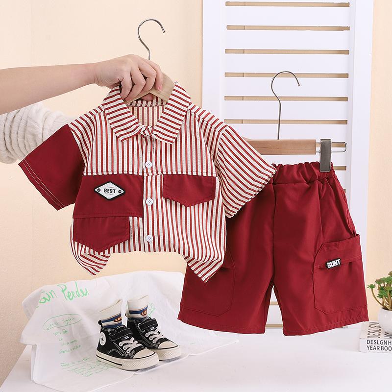 

Комплект з коротким рукавом для хлопчика 0-5 років Дитяча сорочка в смужку з коміром+шорти Комплект з двох предметів Модний одяг Для хлопчиків XXL червоний