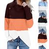 Womens Color Block Cowl Neck Button Chunky Knit Irregular Hem Jumper Pullover