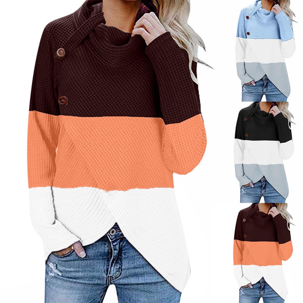 

Womens Color Block Cowl Neck Button Chunky Knit Irregular Hem Jumper Pullover