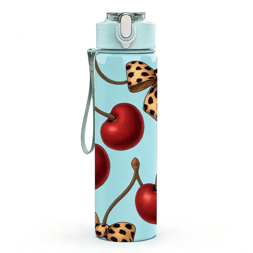 1PC Red Cherry Leopard Bow Layout 750ml Color Plastic Sports Water Bottle Leakproof Flip Straw Lid For Sports Office Home Use