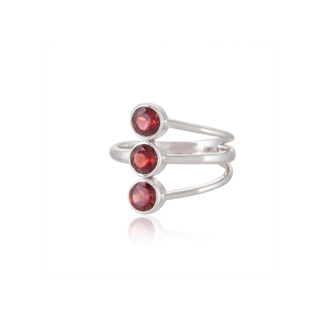 Elegant 925 Sterling Silver Triple Garnet Ring – Handmade Adjustable Stackable Red Stone Ring for Women