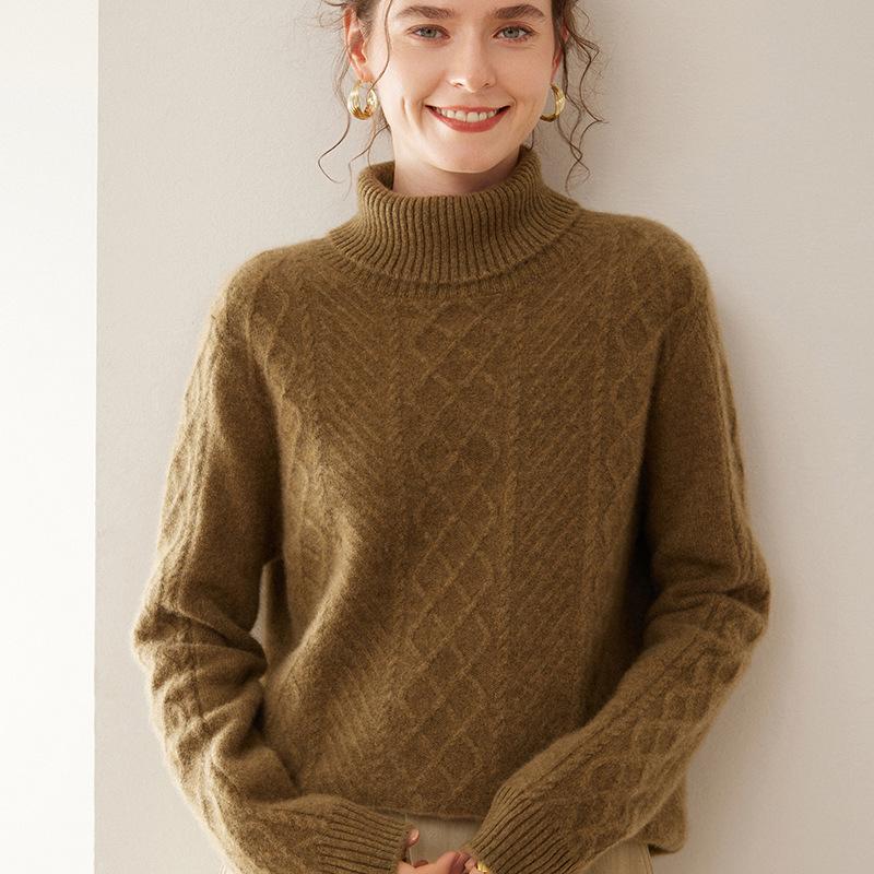Women's Cashmere High Neck Knit Sweater - Long Sleeve, Loose, Warm, and Versatile for Autumn/Winter.