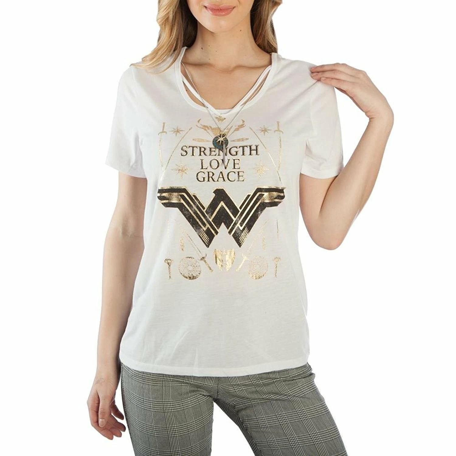 

Wonder Woman Juniors Strength Love Grace White Shirt With Neck Charms NWT XL XL