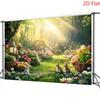 2D Easter Bunny Polyester Backdrop, Spring Garden Forest Background for Easter Party Decor