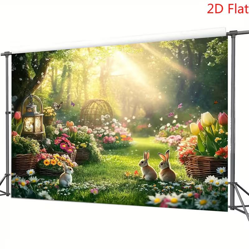2D Easter Bunny Polyester Backdrop, Spring Garden Forest Background for Easter Party Decor