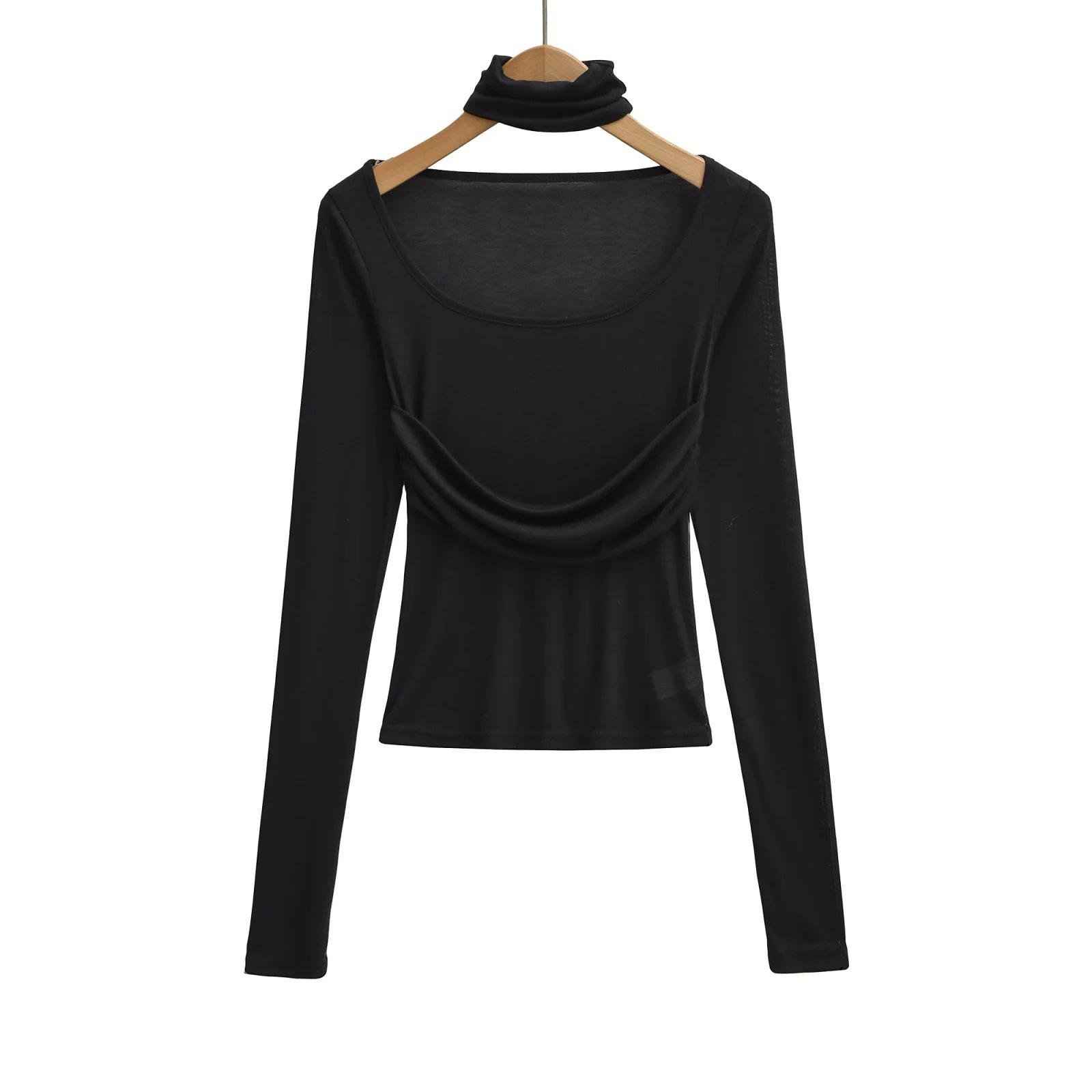 

Women s Sheer Long-Sleeve U-Neck T-Shirt with Scarf - Sexy Slim Fit Base Layer for Spring/Autumn Large чорний
