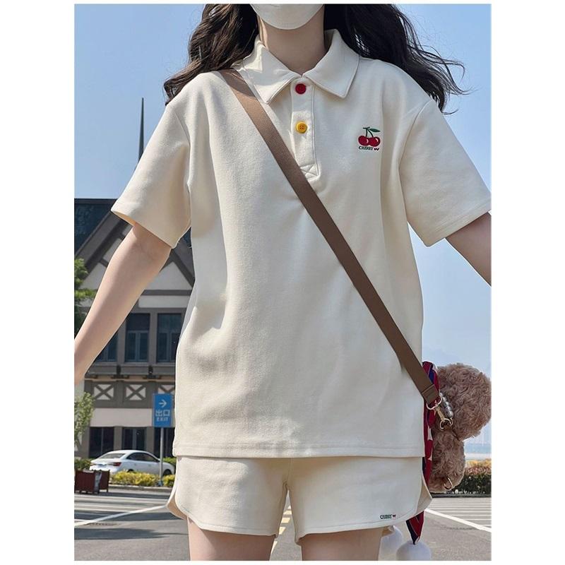 Women 2 Piece Outfits Cherry Embroidery Polo Shirt + Shorts Set Casual Tracksuit
