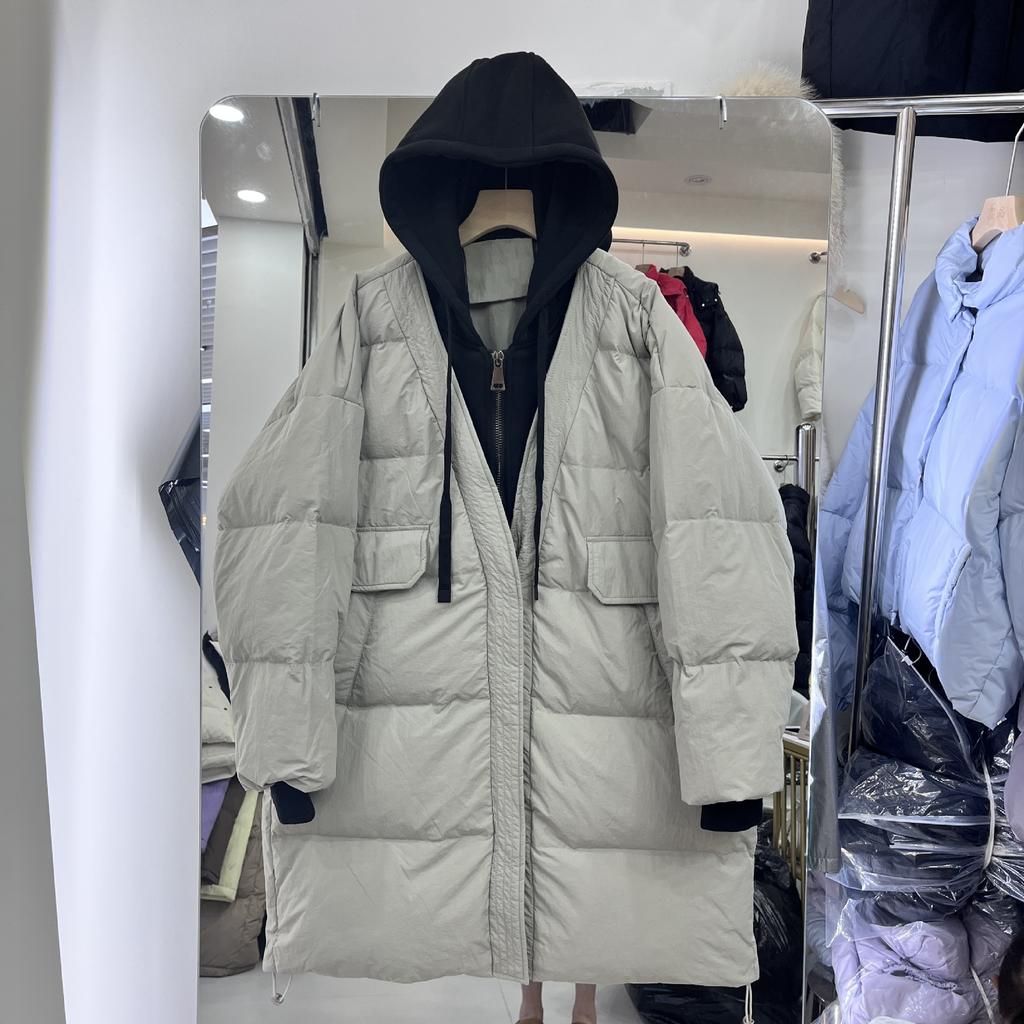 Winter Sweater Hat Fake Two-piece Down Jacket Women's Medium and Long Loose Large Size Thickened Warm White Duck Down Jacket
