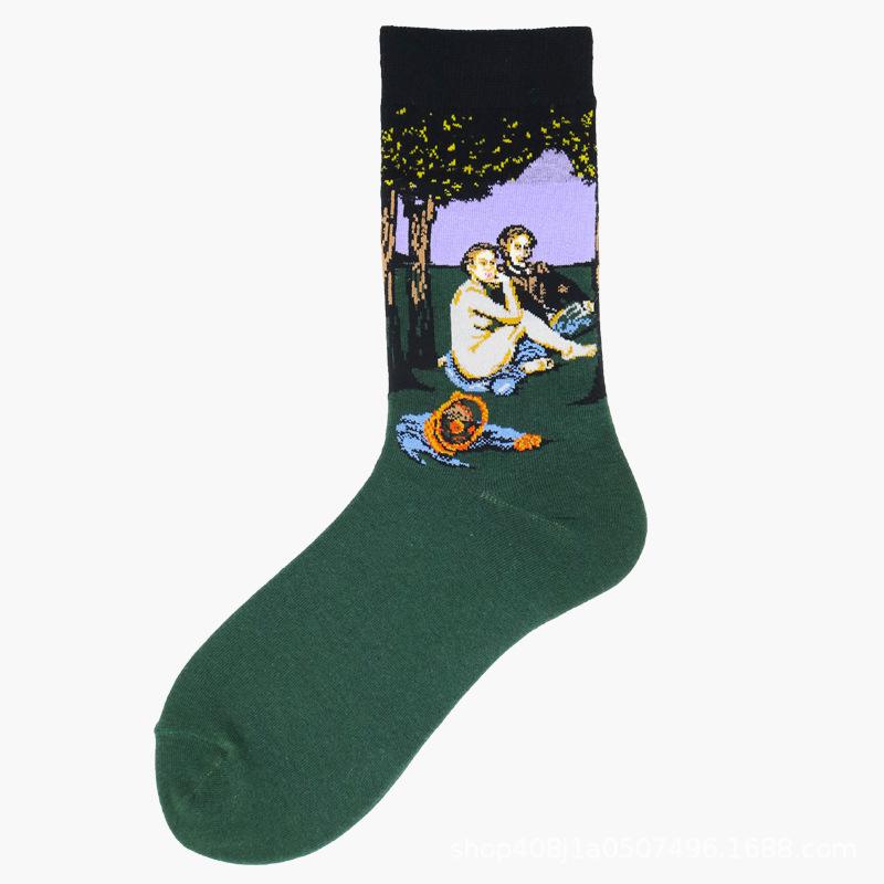European & American Creative Oil Painting Mid-Calf Socks: Trendy Autumn/Winter High-Tube Cotton Socks
