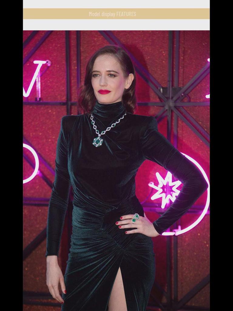 2025 Herbst Sternenbesetztes Dunkelgrünes Samt Kleid mit Hohem Schlitz und Unregelmäßigem Saum