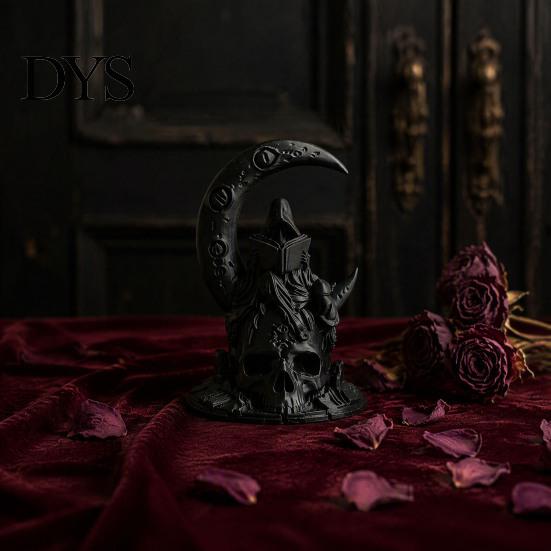 Modern Dark Home Accents 3D Printed Moon Spirit Wizard Figurine, Gothic Decor Statue Skull Crescent Ornaments with Base, Halloween Tabletop Decoration