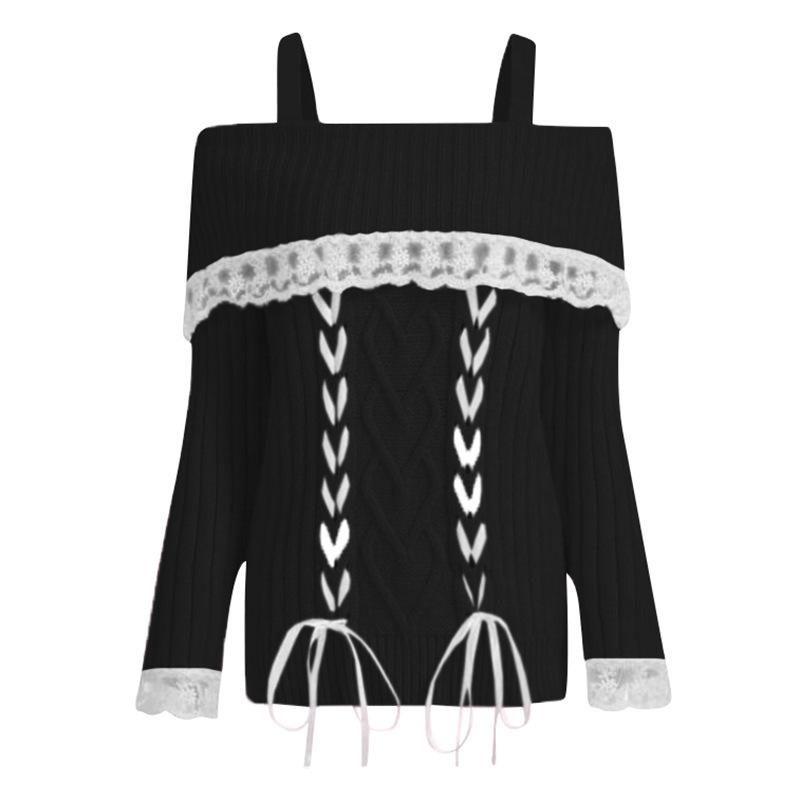 

Off Shoulder Knit Sweater with Lace Trim and Heart Pattern in Pink, White, Black XL чёрный