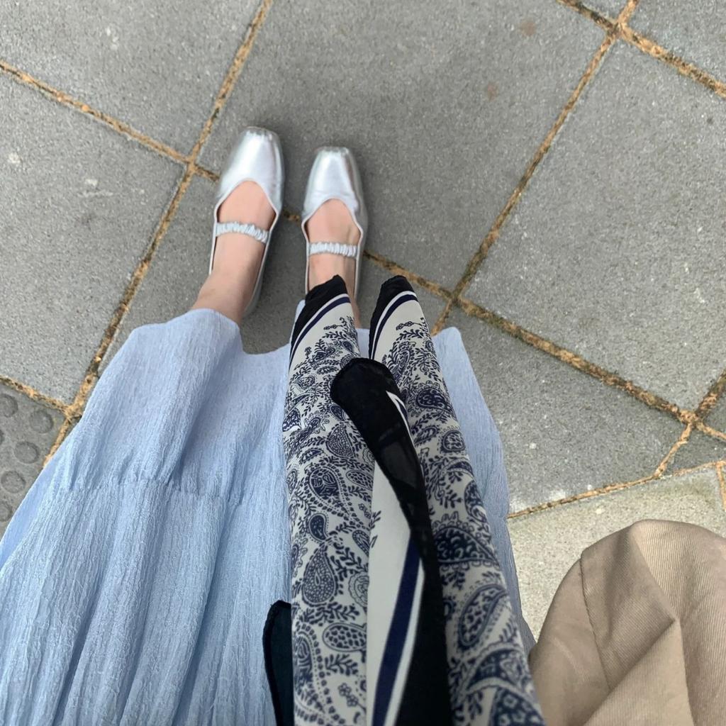 Spot cowhide version~ Silver leather square head pig nose light mouth single shoes women's flat soft sole ballet Mary Jane shoes