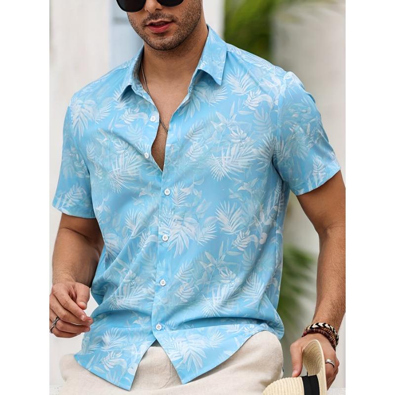 Camicia da Uomo a Maniche Corte con Bottoni e Stampa di Foglie di Palma Tropicali, Stile Casual Estivo, Lavabile in Lavatrice, Camicia Casual per la Spiaggia