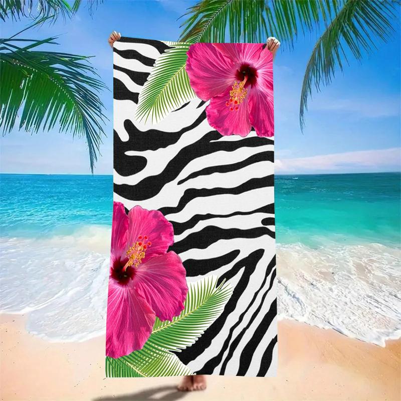Zebra-Print Hibiskus Strandtuch Schwarz-Weißes Tier-Muster Mit Rosa Blumen Kühnes Modisches Handtuch
