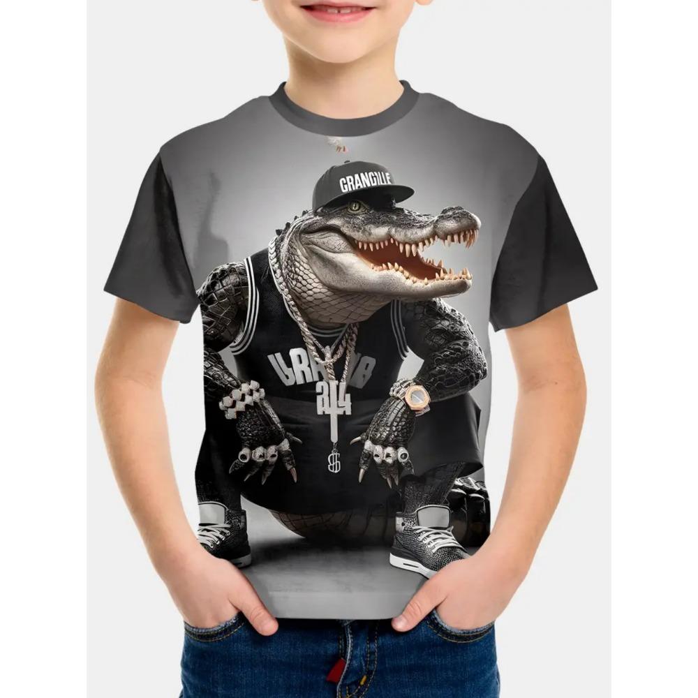 Summer Kids' T-Shirt Cartoon Shark Fishing Boy Casual Cool Round Neck Fashion Top