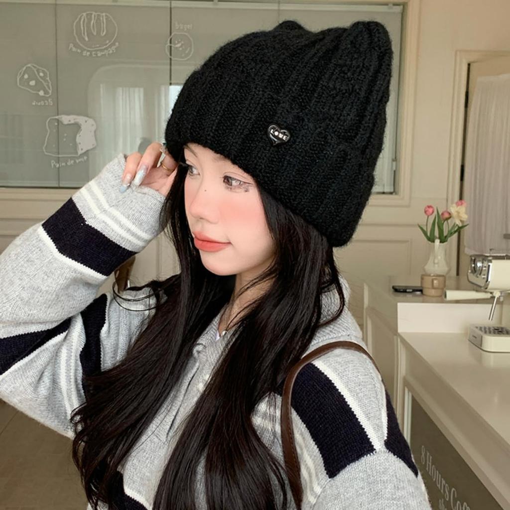 Qzkouma Thick Knit Cat Ear Beanie with Brushed Slimming Perfect for Fall and Warm and Women's Lining, Double-Layered Warmth, Face, Winter, Cute,