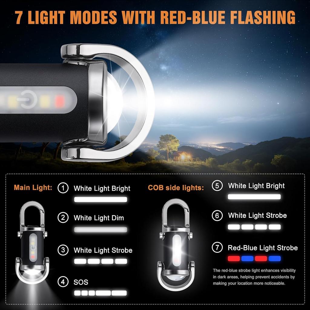 Rechargeable Keychain Flashlights Multifunction COB Work Light 7 Modes Emergency Keychain Light for Walking Searching Hiking