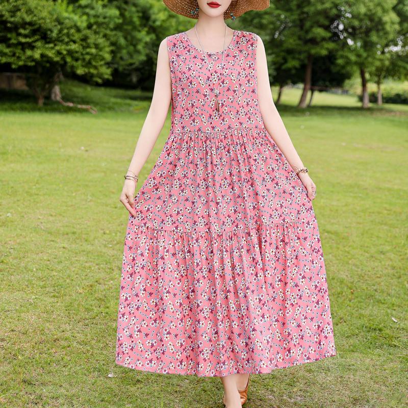 Elegant Sleeveless Dress for Women Plus Size Loose Vintage Print Long Dress Summer Middle-aged Women's Clothing