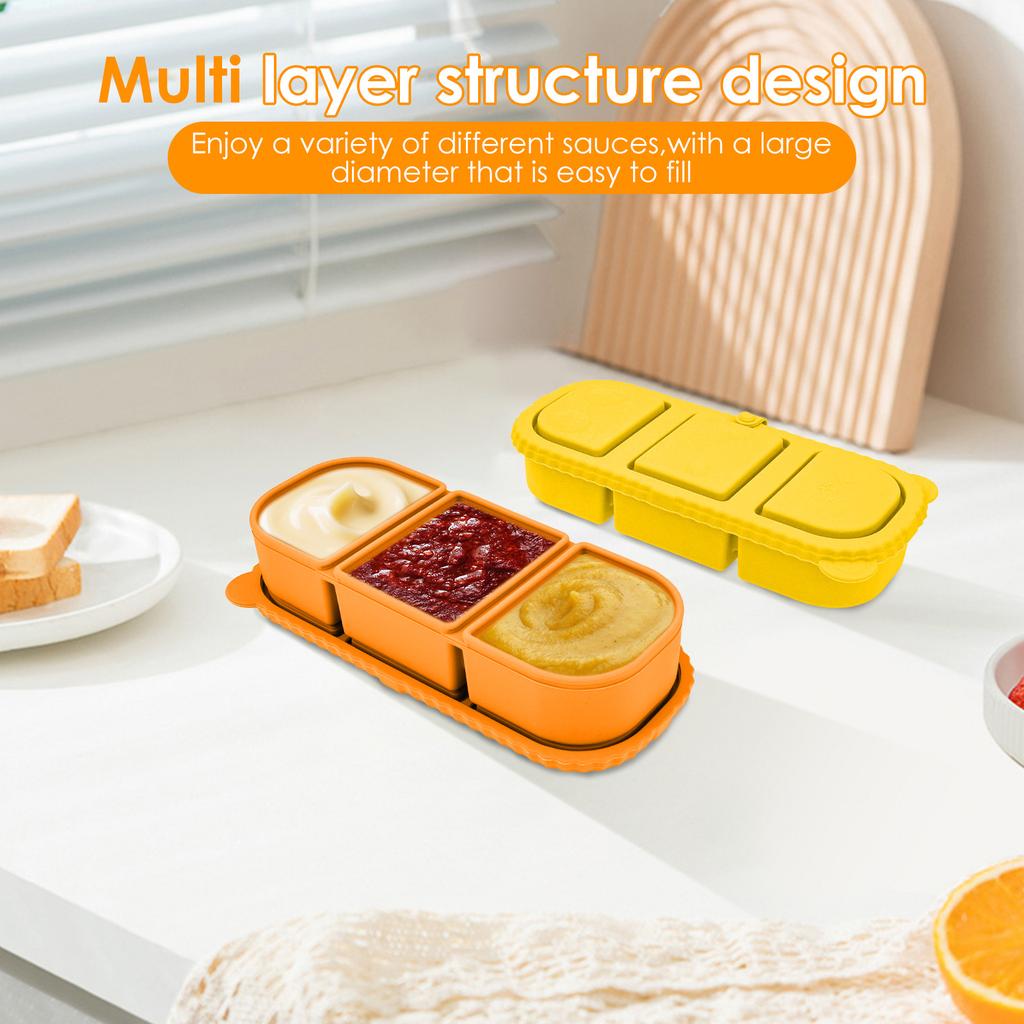 2/3Pcs Snack Container Silicone Small Dip Container with 3 Compartment Stackable Salad Dressing Sauce Box for Home Travel Picnic