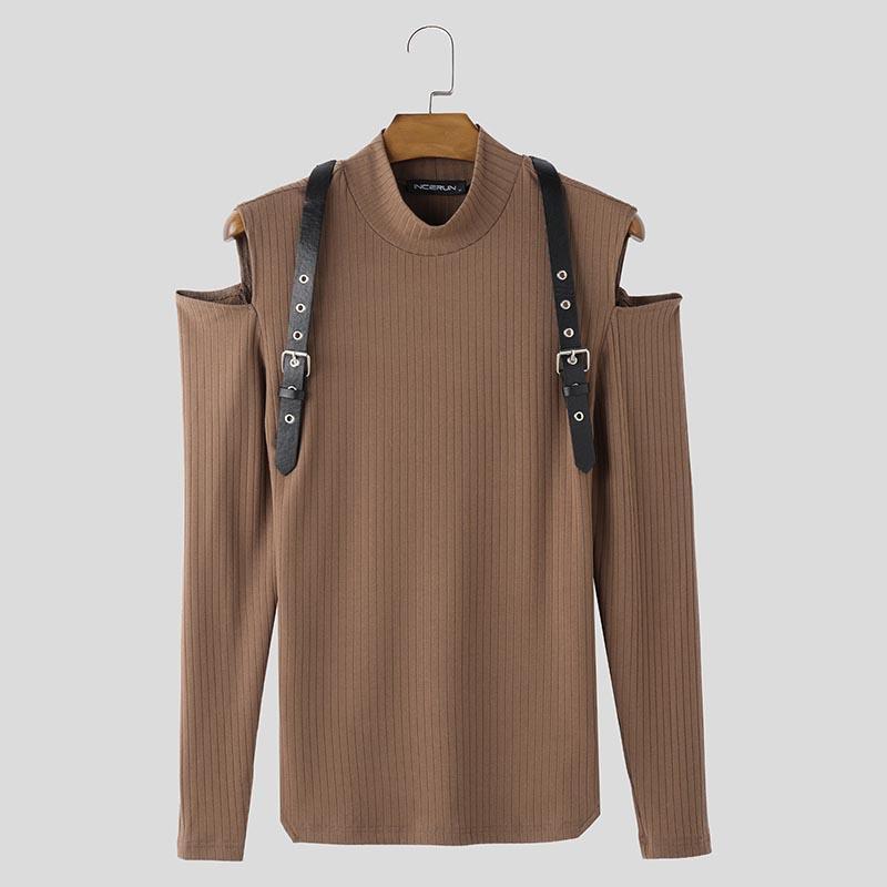 

INCERUN Men s Mockneck Cutout Long Sleeve Casual Fitted T-shirts Tops 3XL коричневый