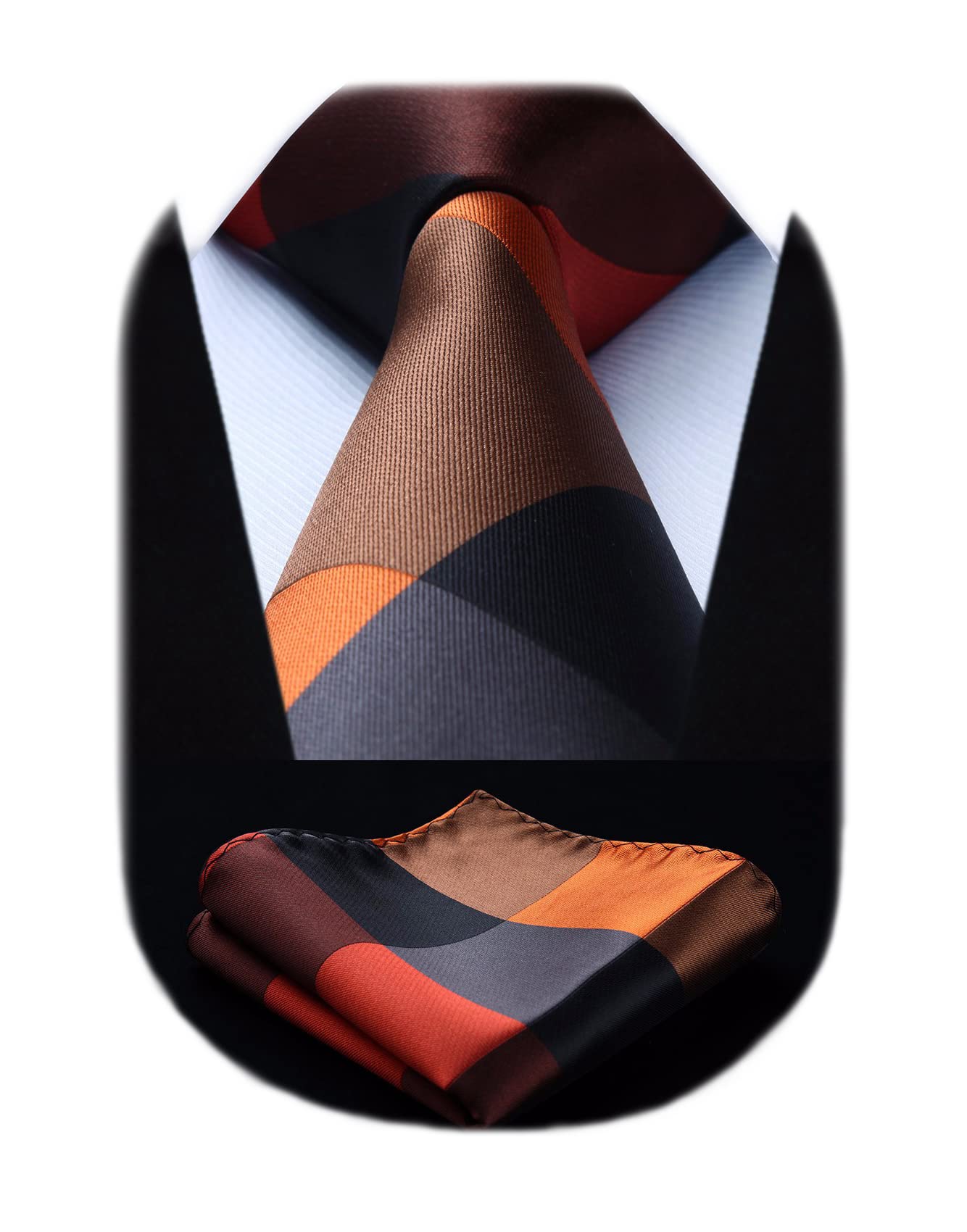 [Enlision] Orange Tie and Check Pocket Square Set - Men s Stylish Check Pattern Business, Sales, Wedding EC-02