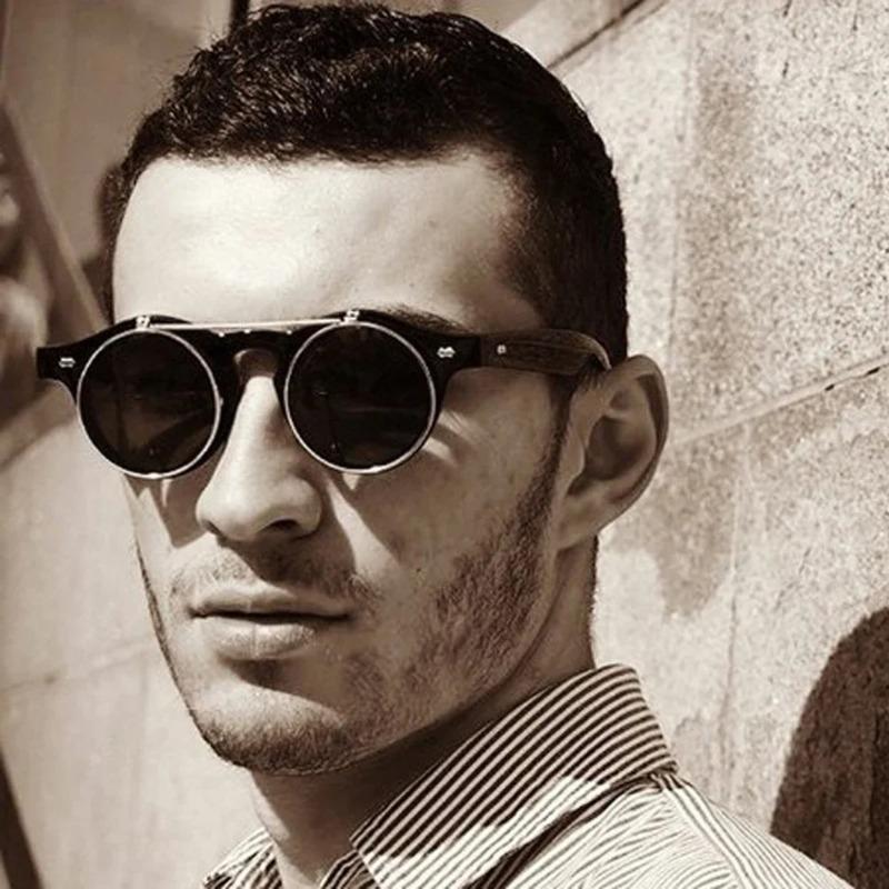 Fashion Vintage Round Steam Punk Flip Up Sunglasses Classic Double Layer Clamshell Design Sun Glasses Uv400