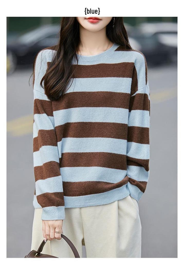 2026 Spring/Autumn Women's Round Neck Striped Wool Sweater - Loose, Casual, Versatile Knitwear