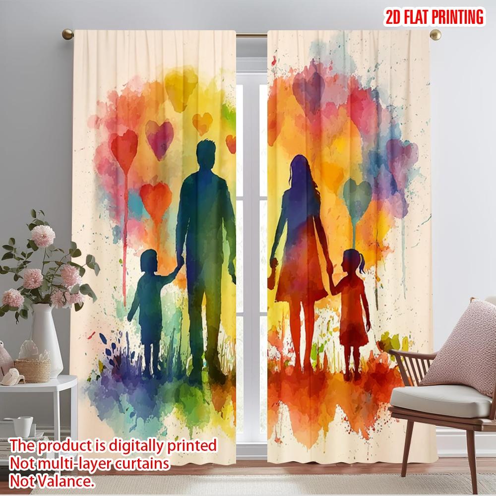 

2pcs,2D plane printing Light Filtering Curtains Happy Family Silhouette with Heart Durable 100% Polyester Fabric (without rod) 52.50×116.00 CM 2pcs