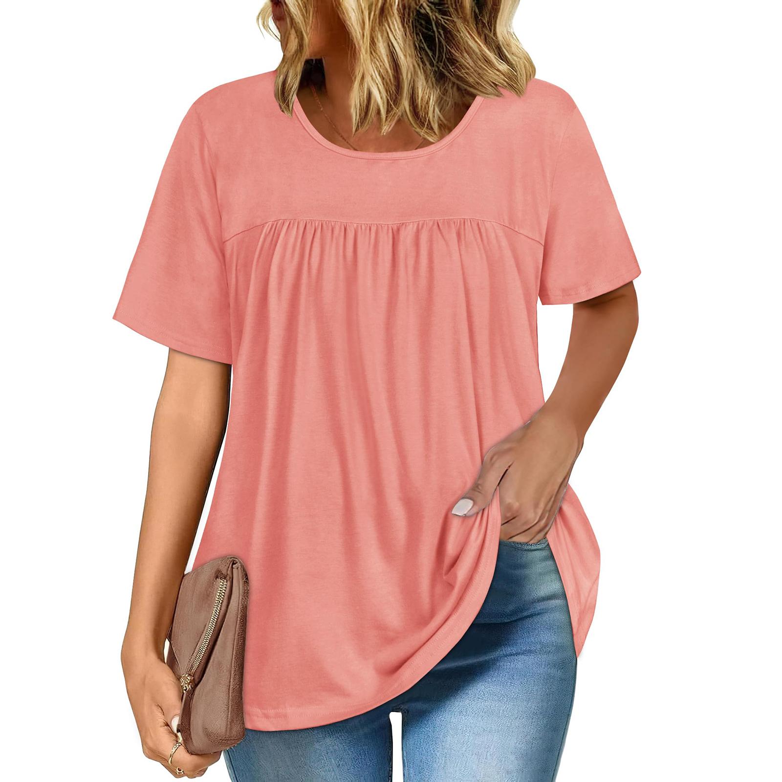 

Women s Round Neck Solid-color Short-sleeved Pullover T-shirt Top XL розовый