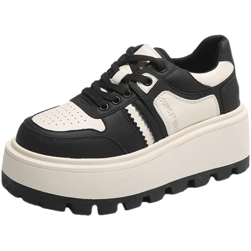 Little White Shoe Women 2025 New Soft Leather Muffin Thick Sole Black and White Panda Women's Shoes Versatile Height Increase Sports and Leisure