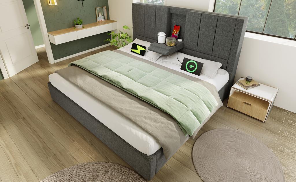 Upholstered Double Bed 140x190 Cm with Cup Holder & Charging Station, Hydraulic Storage Under Bed, Slatted Frame, Linen Grey (Without Mattress)