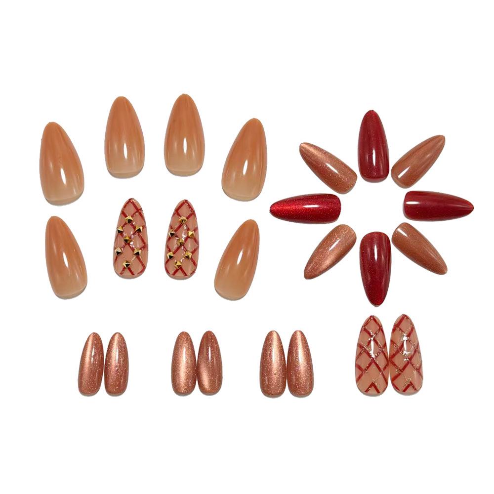 Autumn/Winter Hand-Painted Plaid & Wine Red Cat Eye Medium Length Nail Art