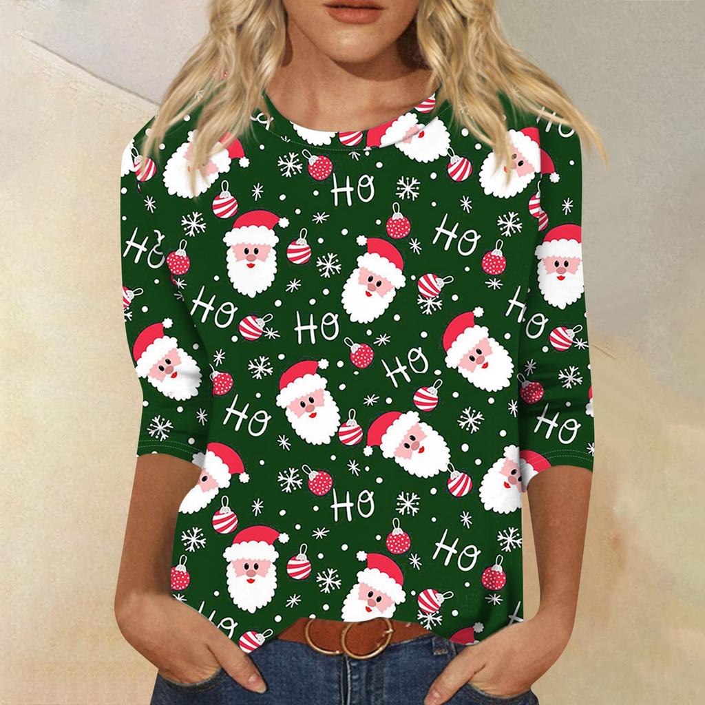 Women's Fashion Casual Round Neck 3/4 Sleeve Loose  Printed T-Shirt Ladies Top
