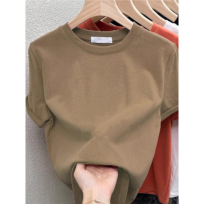 2026 Fashionable Women's Coffee Cotton Brushed Short-Sleeve T-Shirt - Versatile & Age-Reducing for Spring, Summer, Autumn