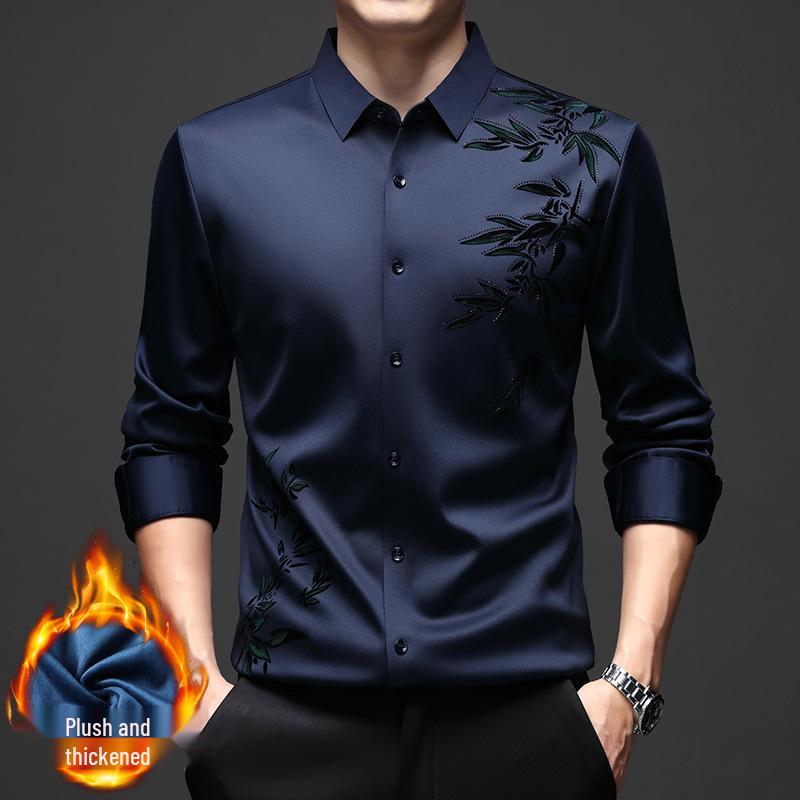 Herrskjorta i kinesisk stil med fleecefoder och stretch - Sömlös, skrynkfri, varm, långärmad, krage