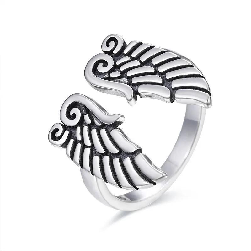 Retro Goth Black Color Angel Demon Wing Rings for Men Women Personality Adjustable Stainless Steel Couple Rings Punk Jewelry