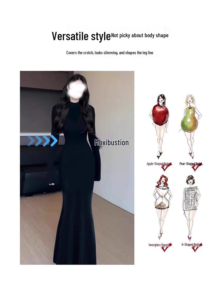 Beflocktes Schwarzes Lotos-Fischschwanzkleid mit Pelzfutter – Damen Herbst/Winter Schlanke Passform, Hoher Kragen, Langes Kleid