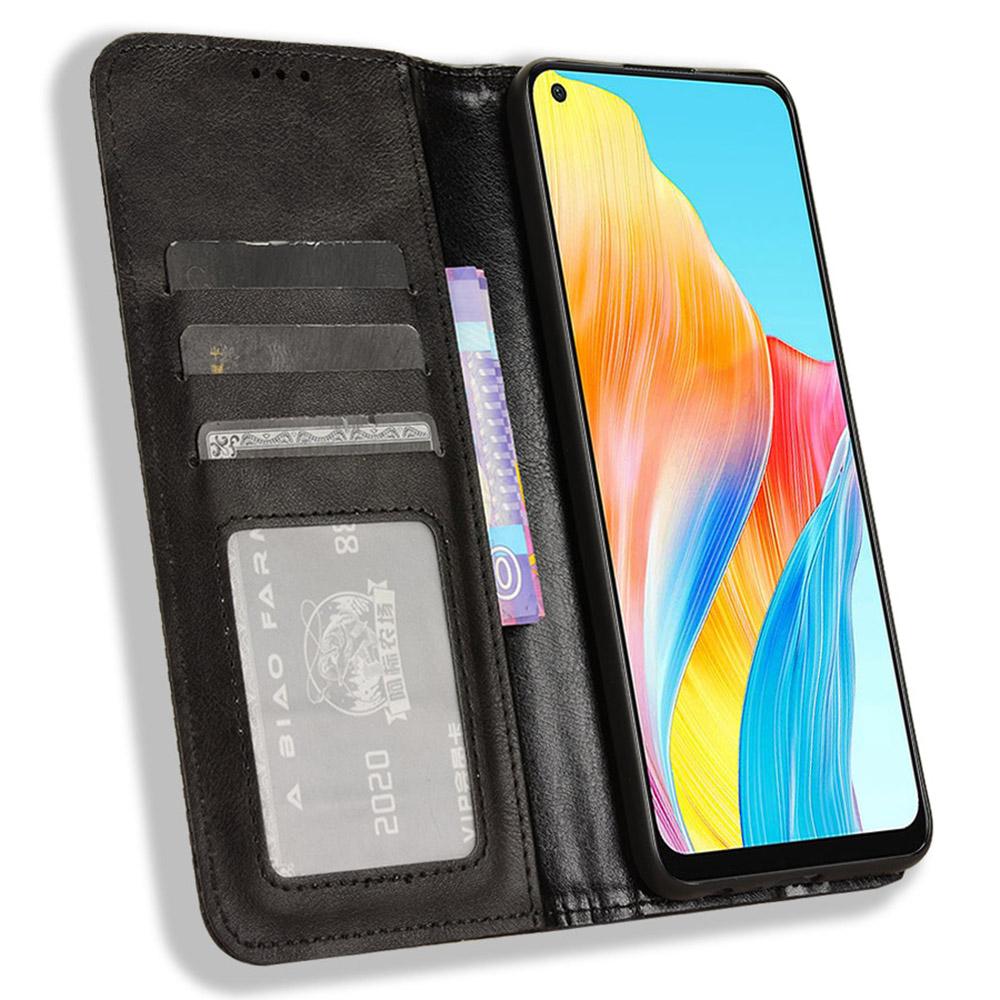 

For Oppo A58 4G Wallet Phone Stand Case Retro PU Leather Anti-scratch Phone Cover Black