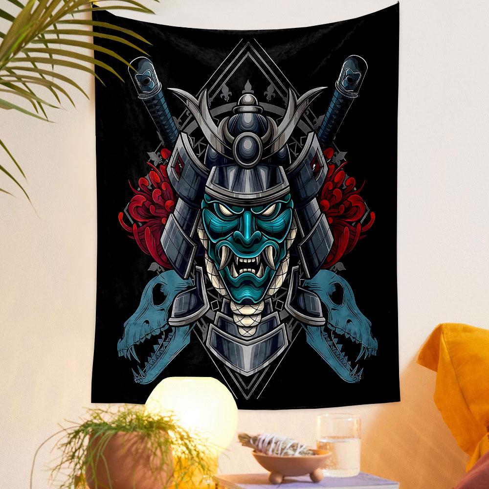 Samurai Mask with Swords and Skulls Patterned Tapestry Decorative Wall Hanging, Home Bedroom Living Room Decor