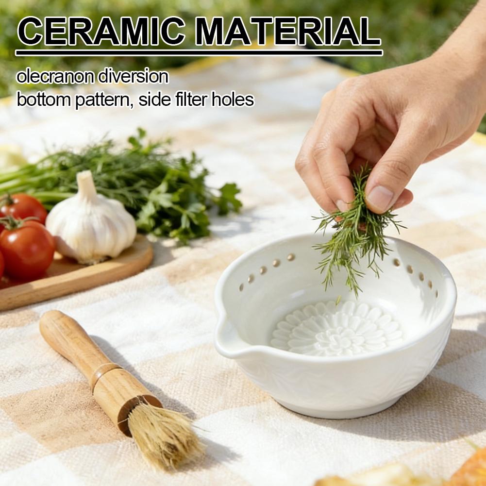 Bol Răzătoare Usturoi și Separator Plante Aromatice 2-în-1 din Gresie Instrument de Pregătire Bucătărie Cu 7 Dimensiuni de Găuri Plăcuță Răzătoare Ghimbir Ceramică